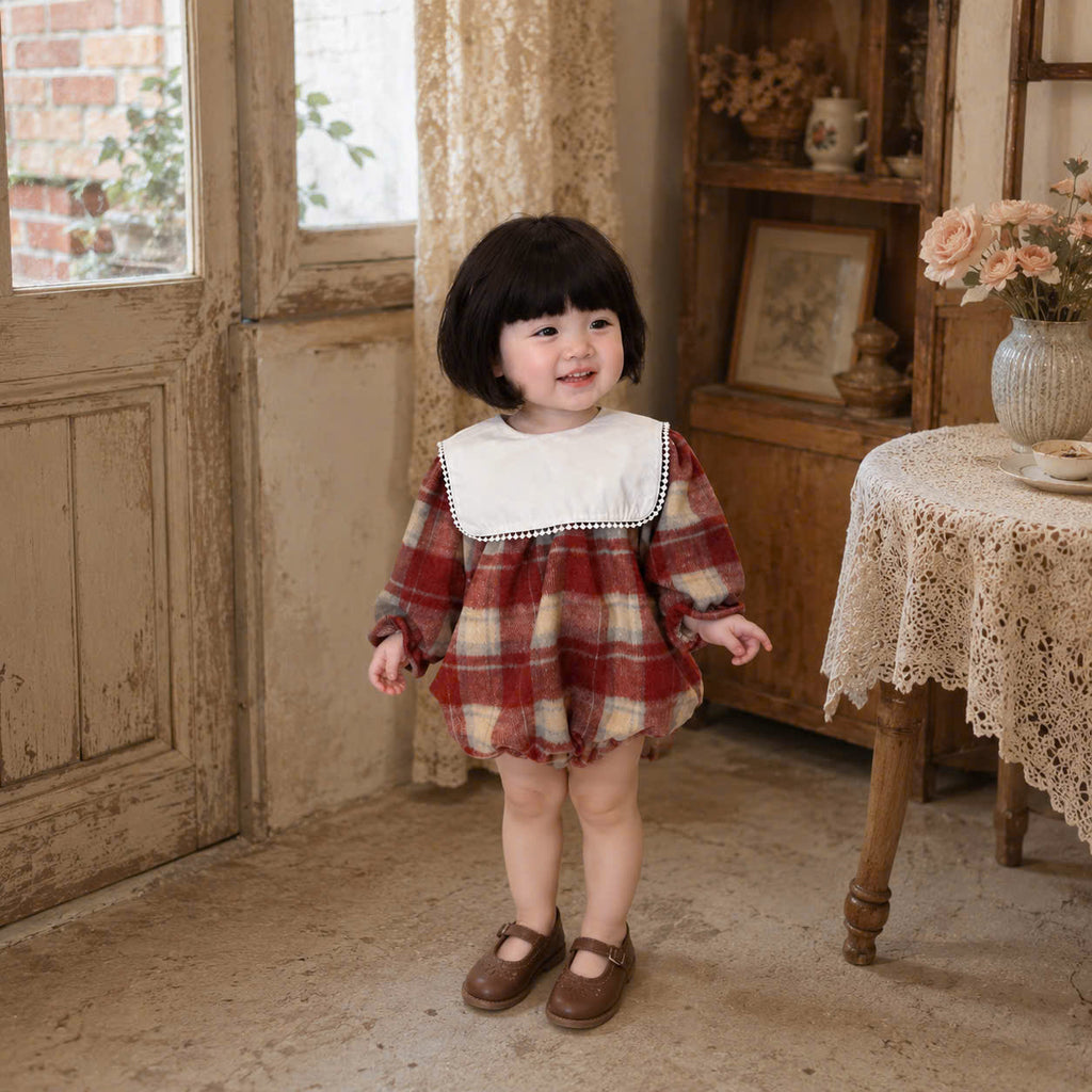 Red Plaid Baby Romper Set NB-2Y | Flannel Romper with Bib Collar | Autumn & Winter Outfit