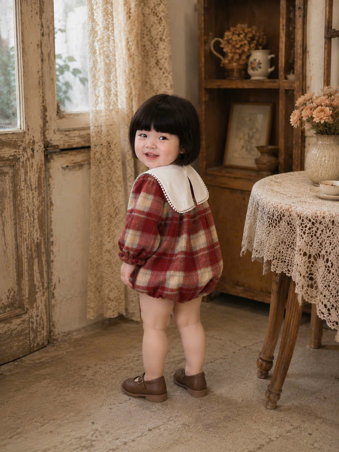 Red Plaid Baby Romper Set NB-2Y | Flannel Romper with Bib Collar | Autumn & Winter Outfit