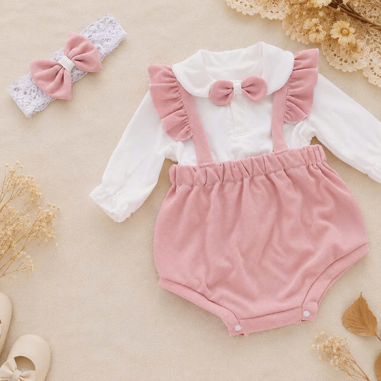 Blush Bow Ensemble NB–12M | Baby Top & Overall Set with Headband | Autumn & Winter Style