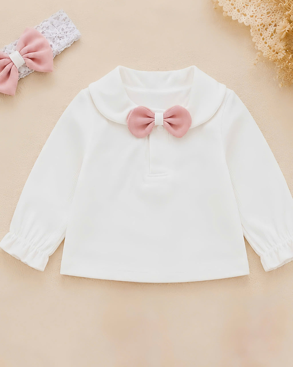Blush Bow Ensemble NB–12M | Baby Top & Overall Set with Headband | Autumn & Winter Style
