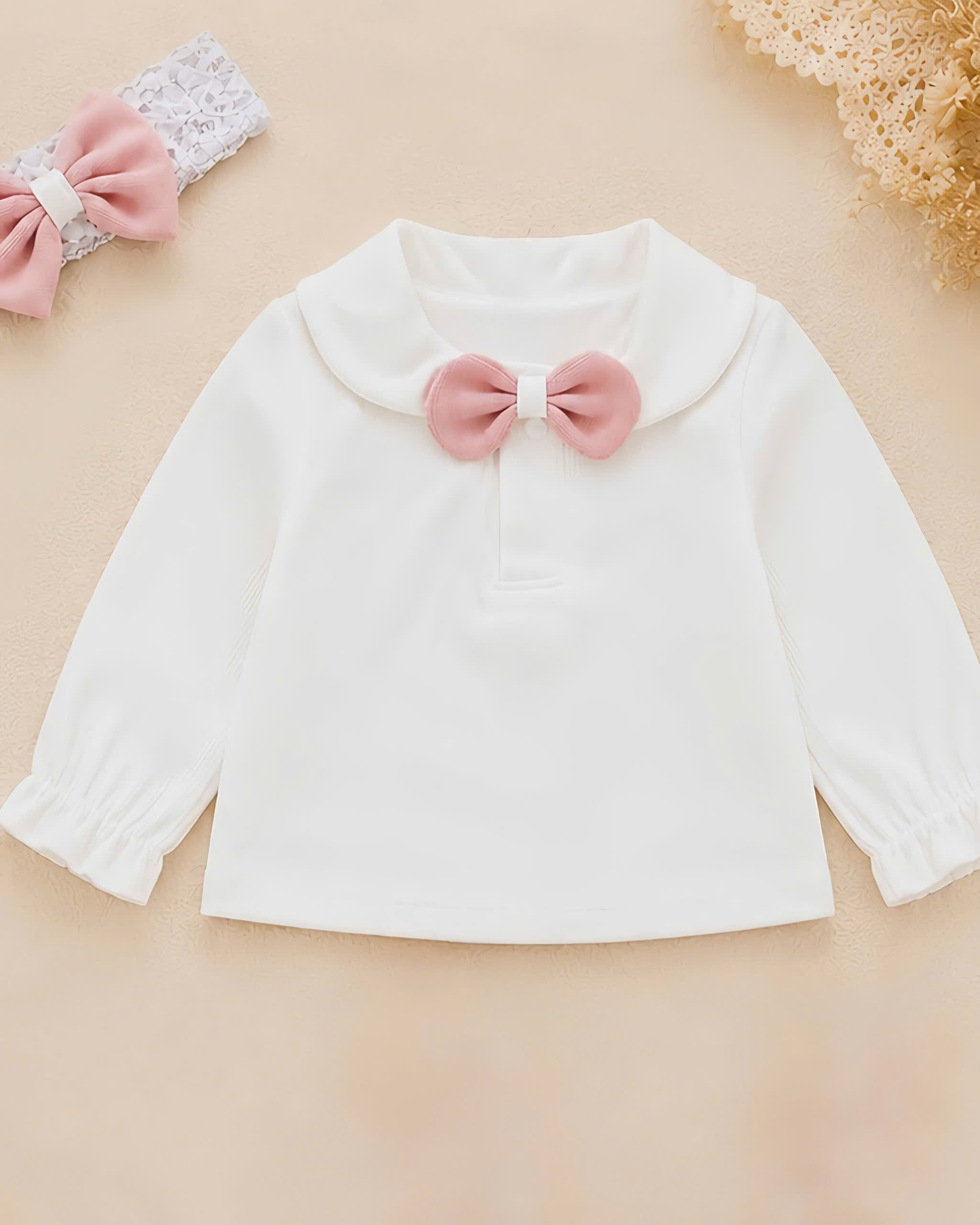 Blush Bow Ensemble NB–12M | Baby Top & Overall Set with Headband | Autumn & Winter Style