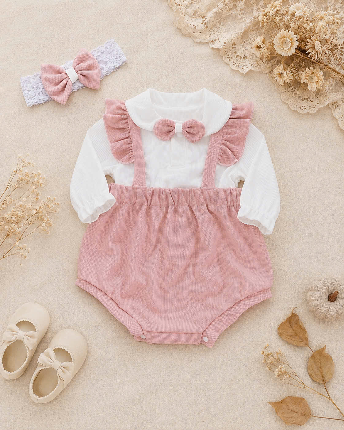 Blush Bow Ensemble NB–12M | Baby Top & Overall Set with Headband | Autumn & Winter Style