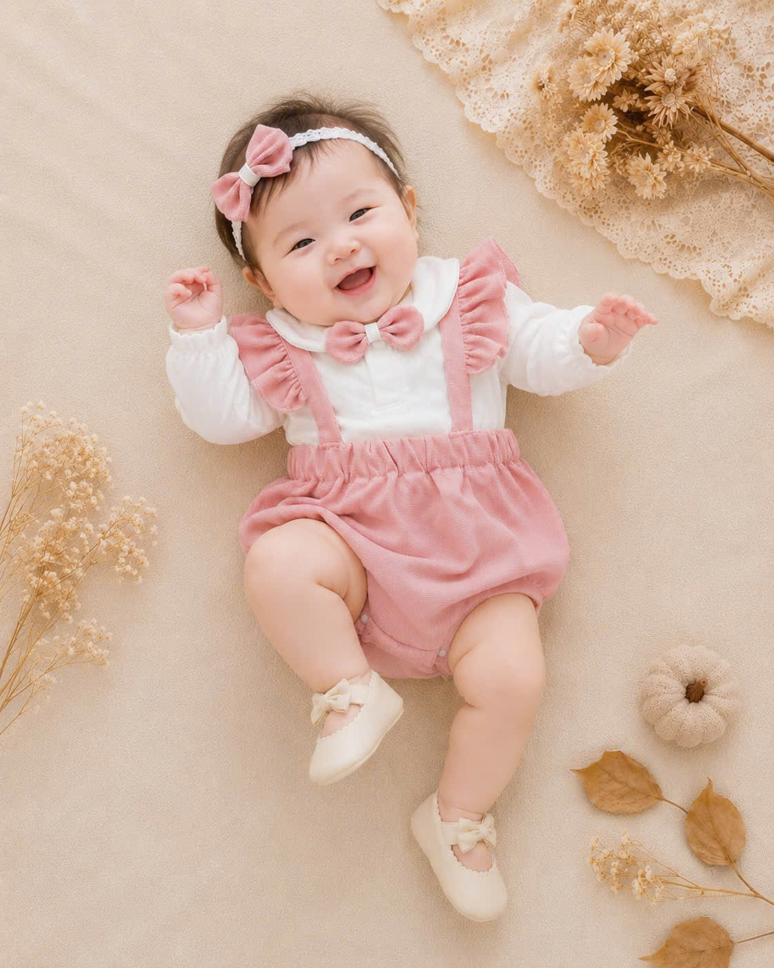 Blush Bow Ensemble NB–12M | Baby Top & Overall Set with Headband | Autumn & Winter Style