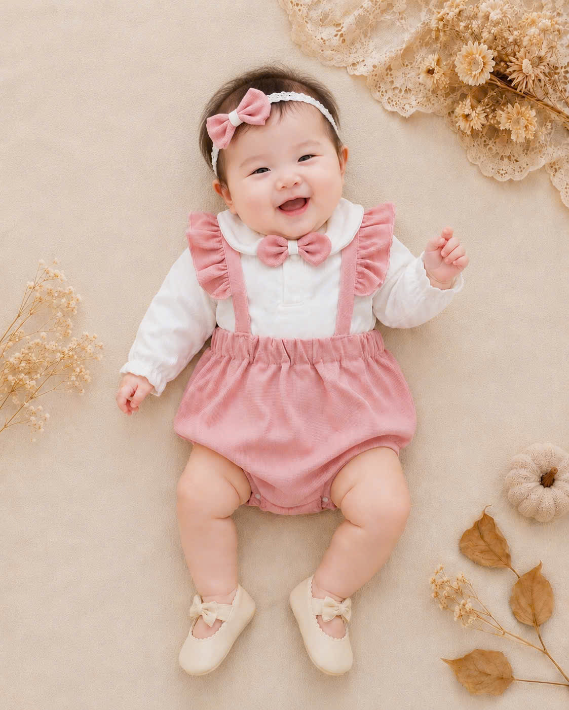 Blush Bow Ensemble NB–12M | Baby Top & Overall Set with Headband | Autumn & Winter Style