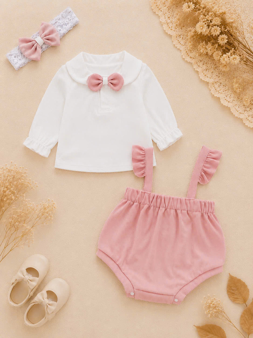 Blush Bow Ensemble NB–12M | Baby Top & Overall Set with Headband | Autumn & Winter Style