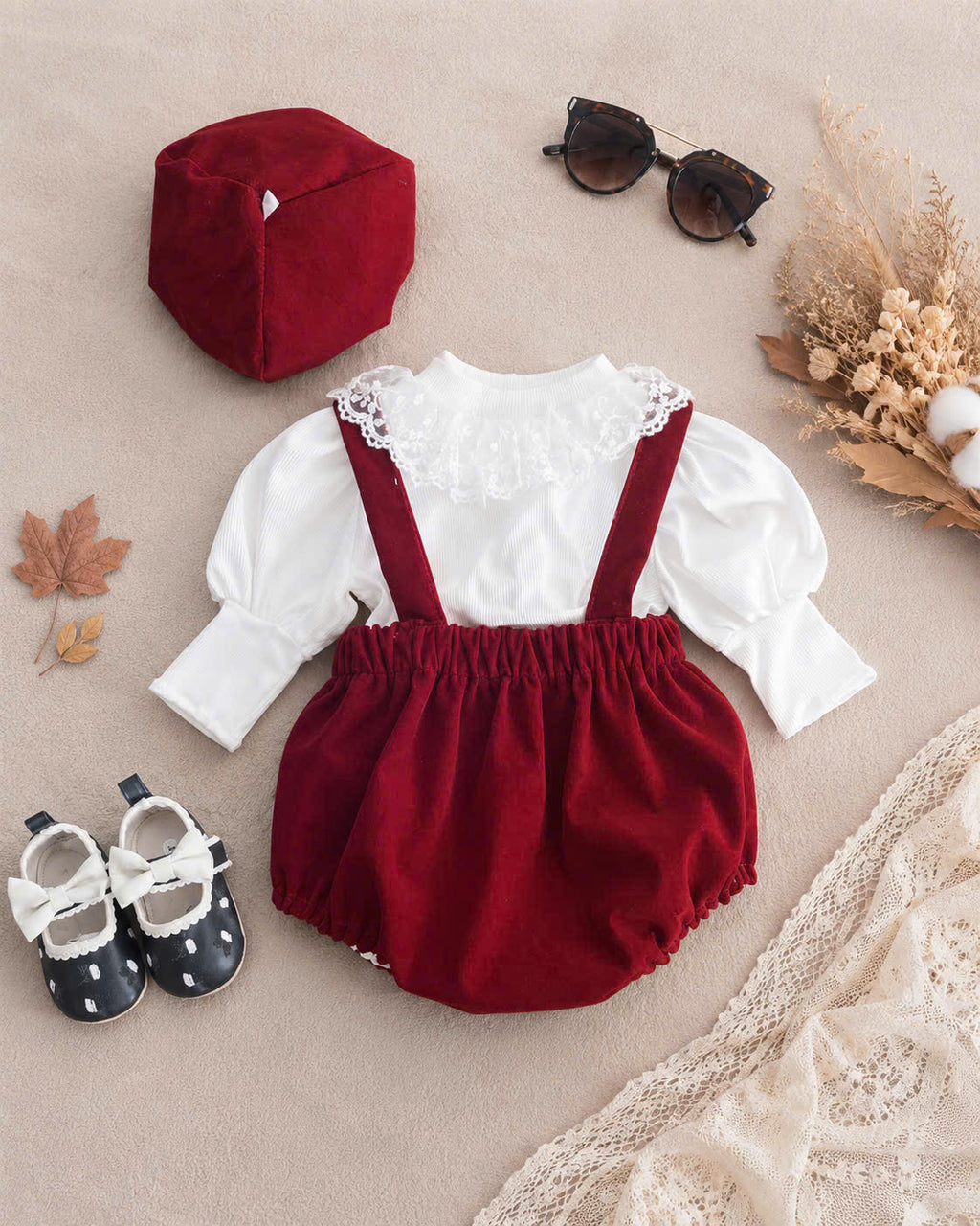 Cherry Delight Romper Set NB–12M | Baby Suspender Romper with Beret | Autumn & Winter Outfit