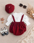 Cherry Delight Romper Set NB–12M | Baby Suspender Romper with Beret | Autumn & Winter Outfit