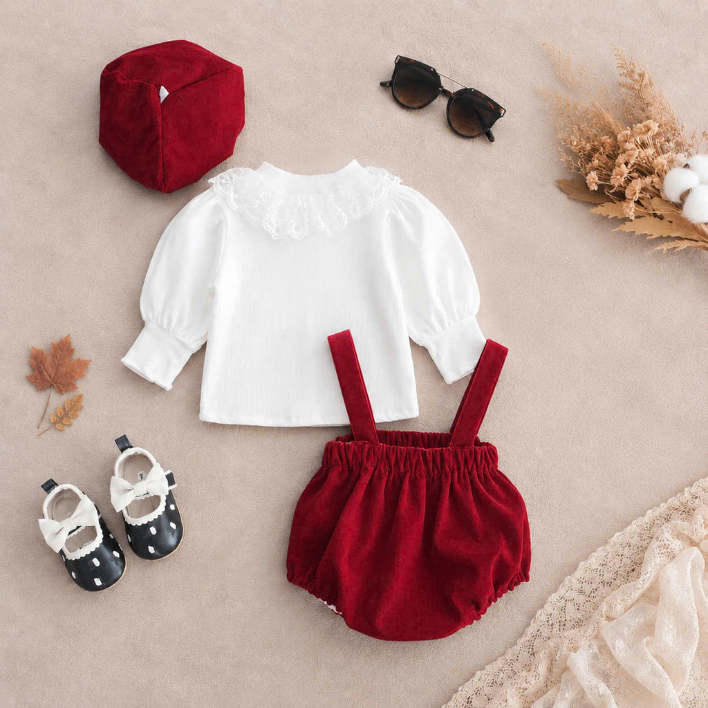 Cherry Delight Romper Set NB–12M | Baby Suspender Romper with Beret | Autumn & Winter Outfit