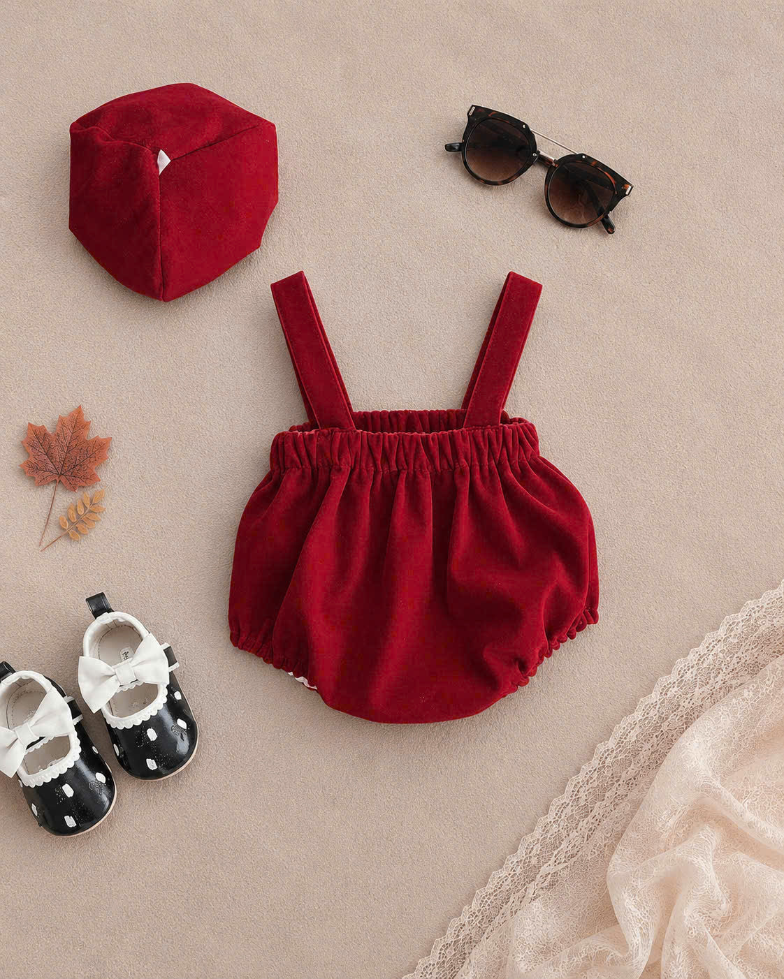 Cherry Delight Romper Set NB–12M | Baby Suspender Romper with Beret | Autumn & Winter Outfit