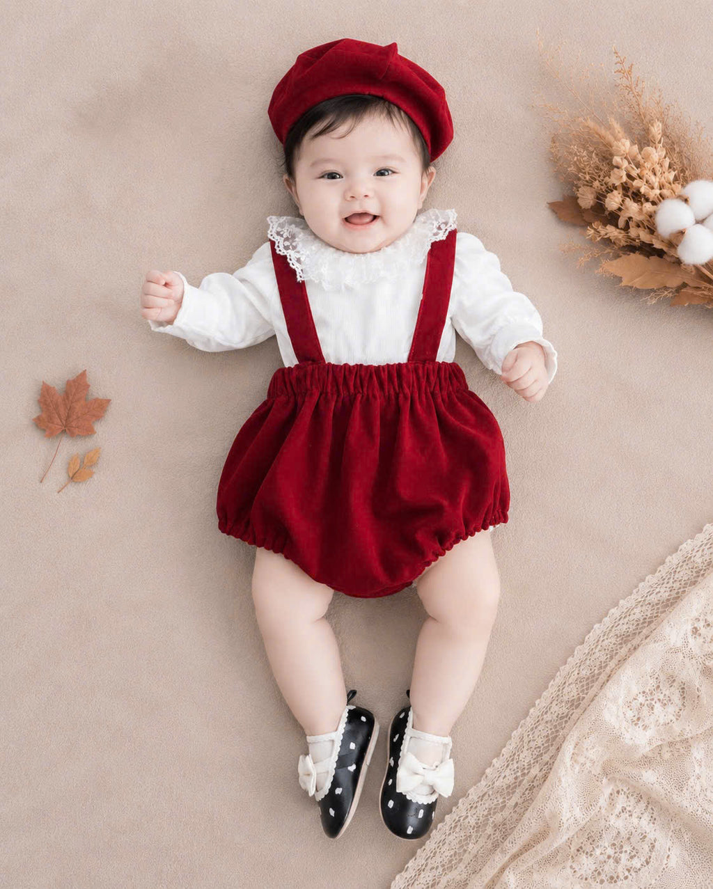 Cherry Delight Romper Set NB–12M | Baby Suspender Romper with Beret | Autumn & Winter Outfit