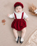 Cherry Delight Romper Set Newborn–12months | Baby Suspender Romper with Beret | Autumn & Winter Outfit
