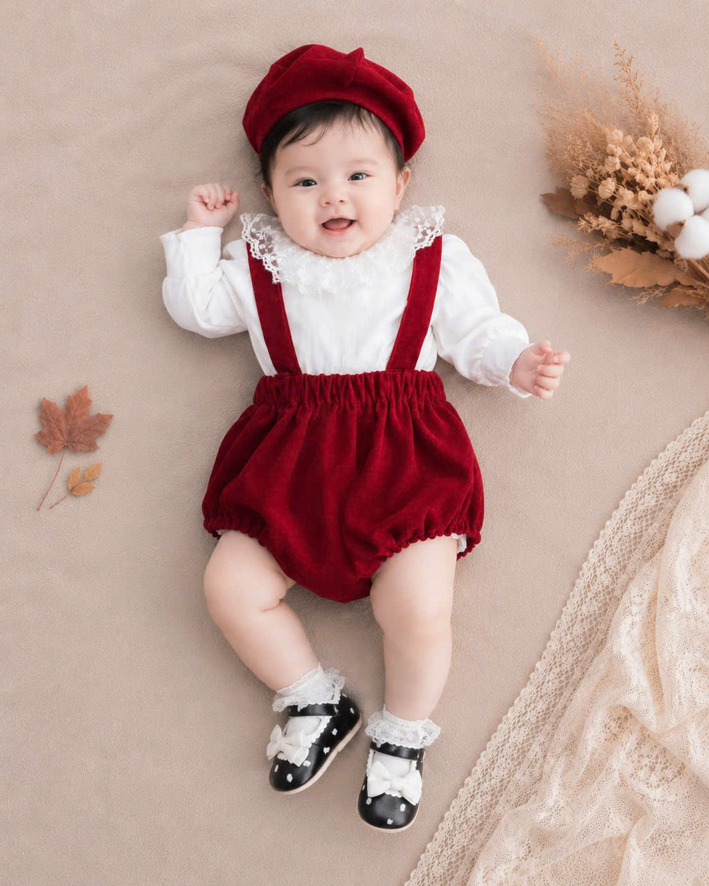 Cherry Delight Romper Set NB–12M | Baby Suspender Romper with Beret | Autumn & Winter Outfit