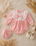 Peach Puff Lace Romper NB–12M | Lace Baby Romper | Autumn & Winter Outfit