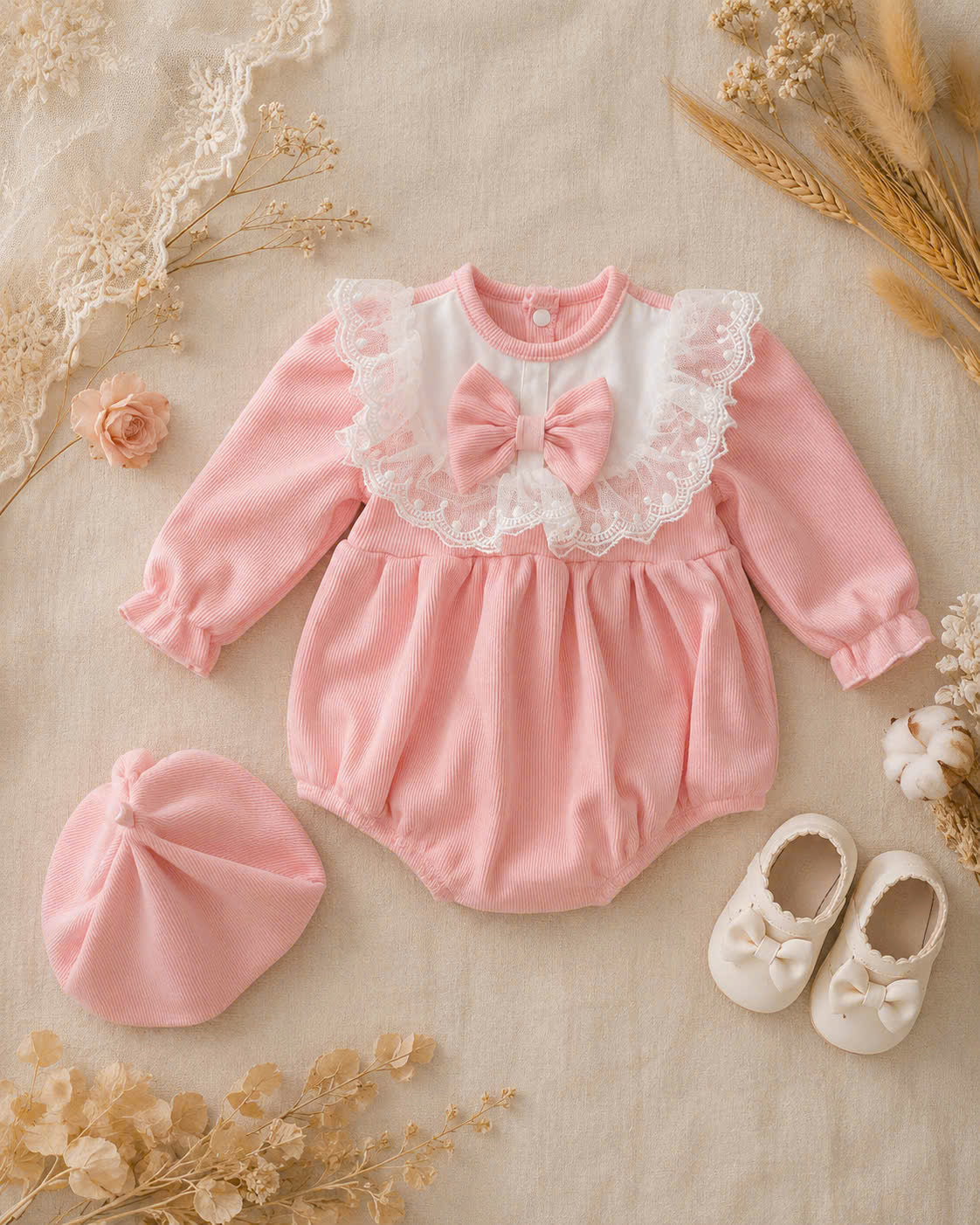 Peach Puff Lace Romper NB–12M | Lace Baby Romper | Autumn & Winter Outfit