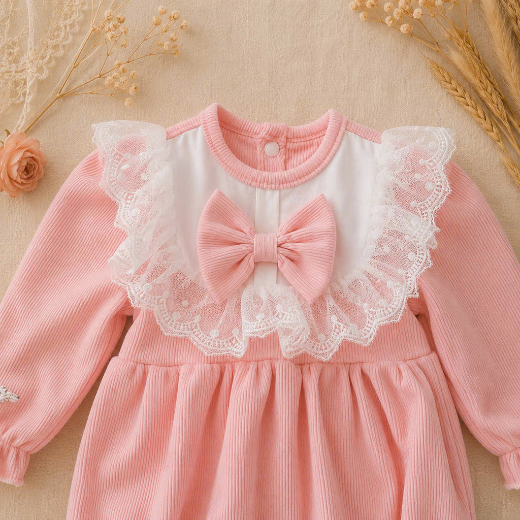 Peach Puff Lace Romper NB–12M | Lace Baby Romper | Autumn & Winter Outfit