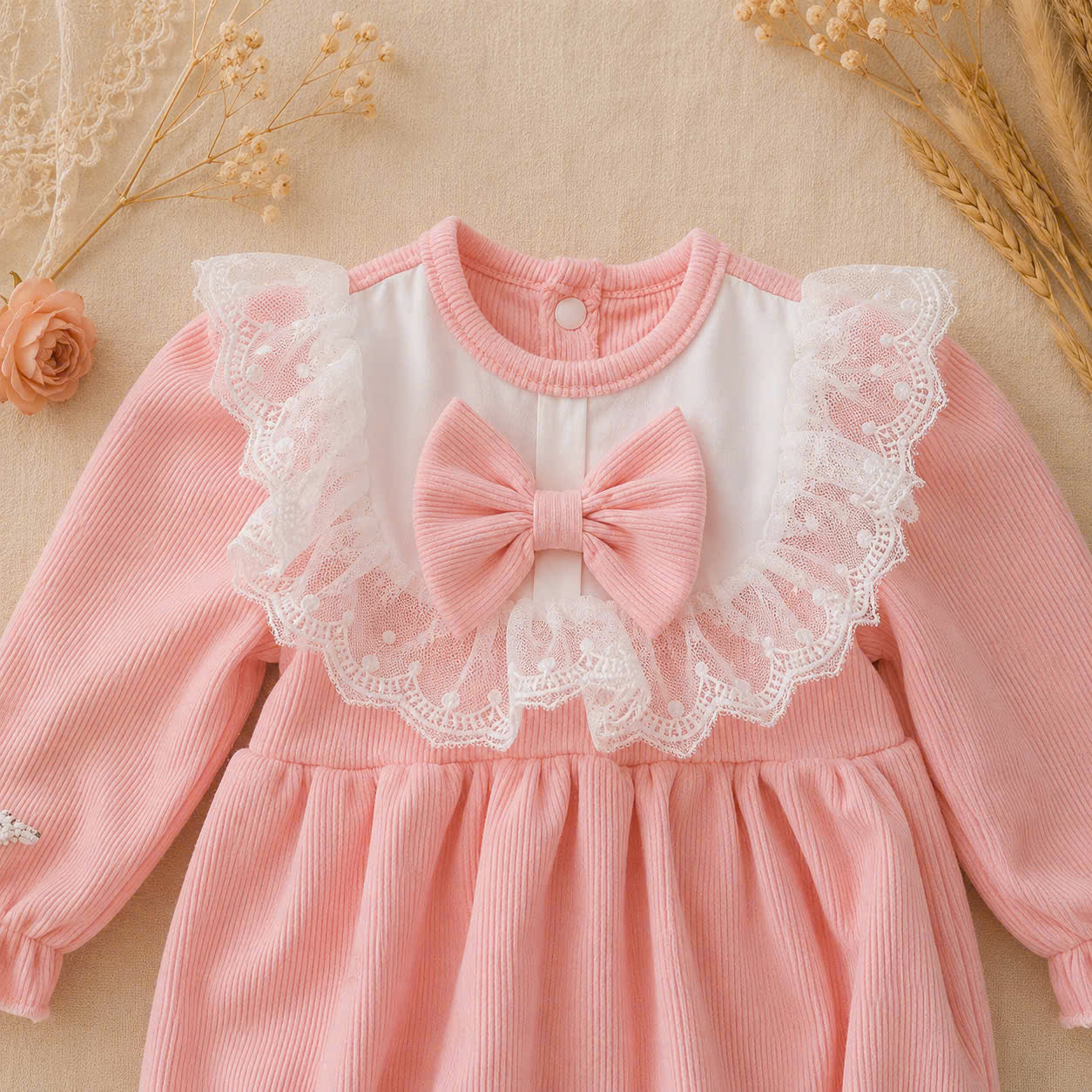Peach Puff Lace Romper NB–12M | Lace Baby Romper | Autumn & Winter Outfit