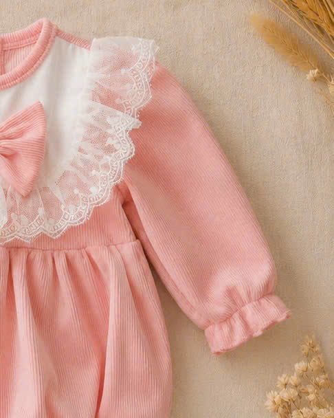 Peach Puff Lace Romper NB–12M | Lace Baby Romper | Autumn & Winter Outfit