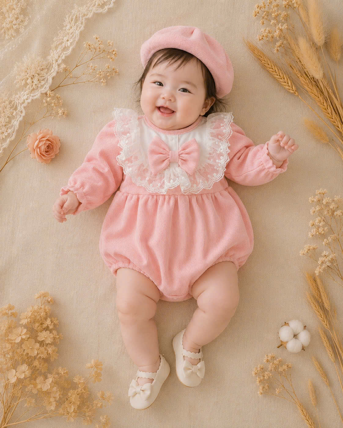 Peach Puff Lace Romper NB–12M | Lace Baby Romper | Autumn & Winter Outfit