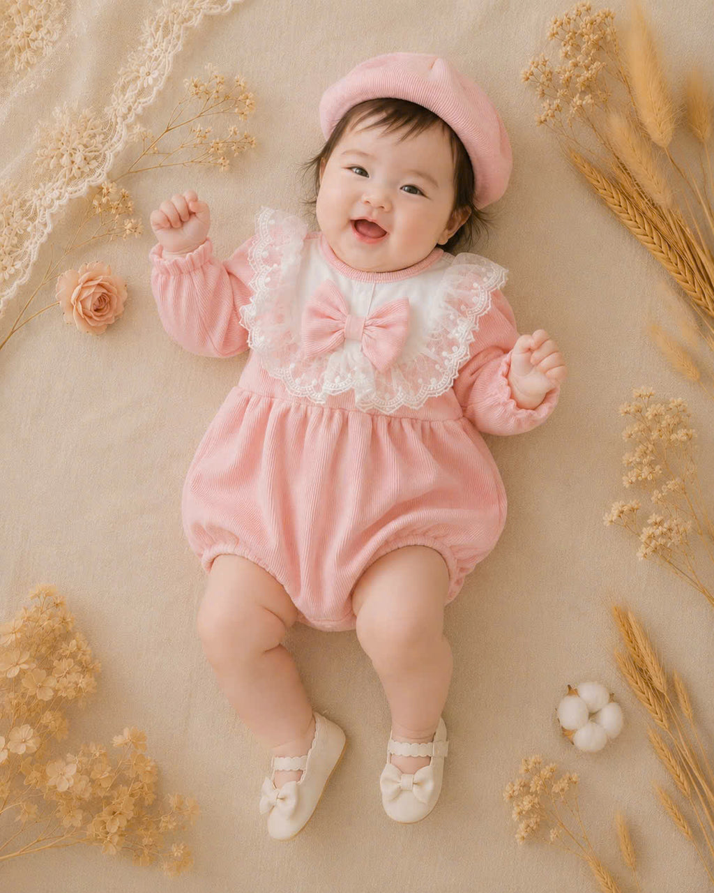 Peach Puff Lace Romper NB–12M | Lace Baby Romper | Autumn & Winter Outfit
