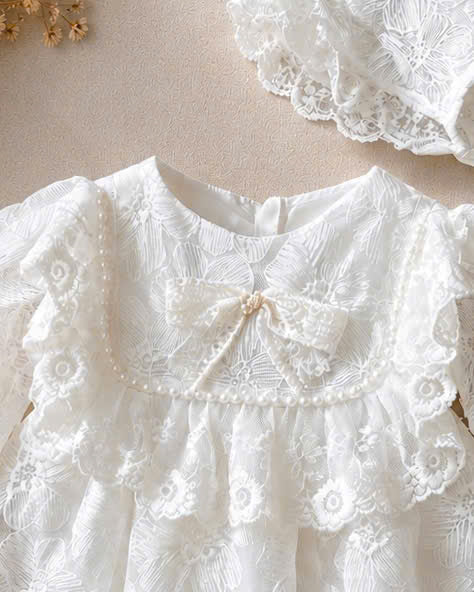 Dream Lace Romper NB–12M | Vintage Lace Baby Romper with Bonnet | Party & Photoshoot Outfit