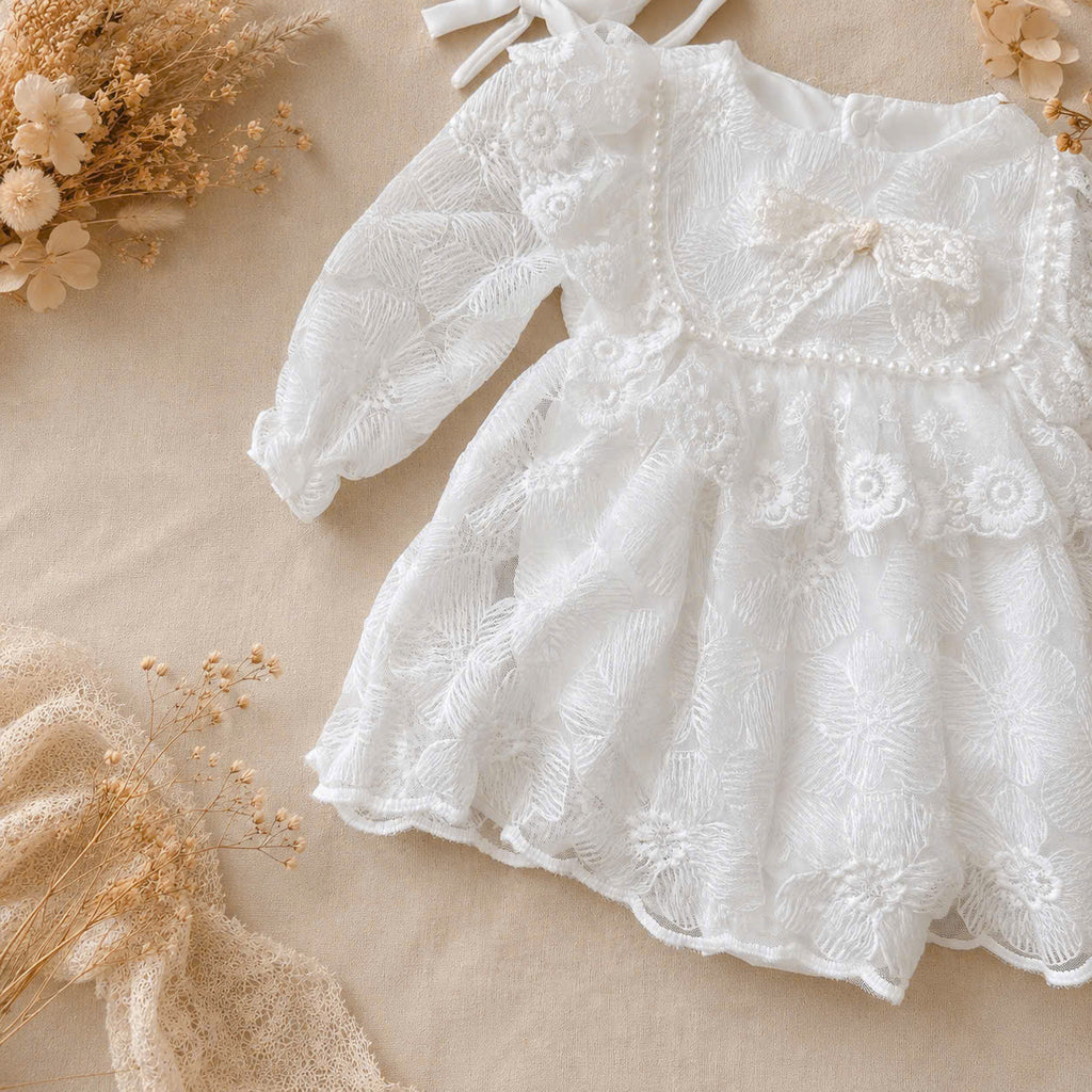 Dream Lace Romper NB–12M | Vintage Lace Baby Romper with Bonnet | Party & Photoshoot Outfit