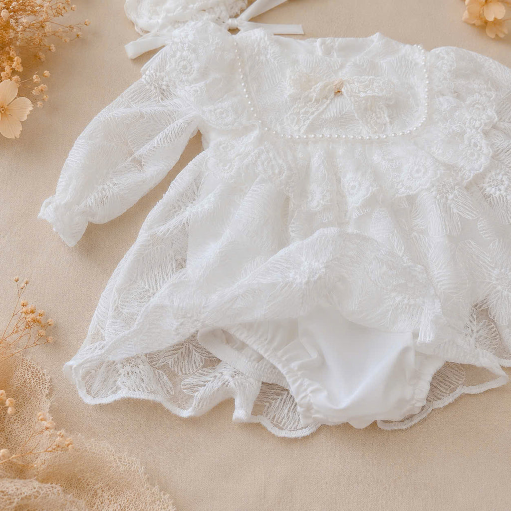 Dream Lace Romper NB–12M | Vintage Lace Baby Romper with Bonnet | Party & Photoshoot Outfit
