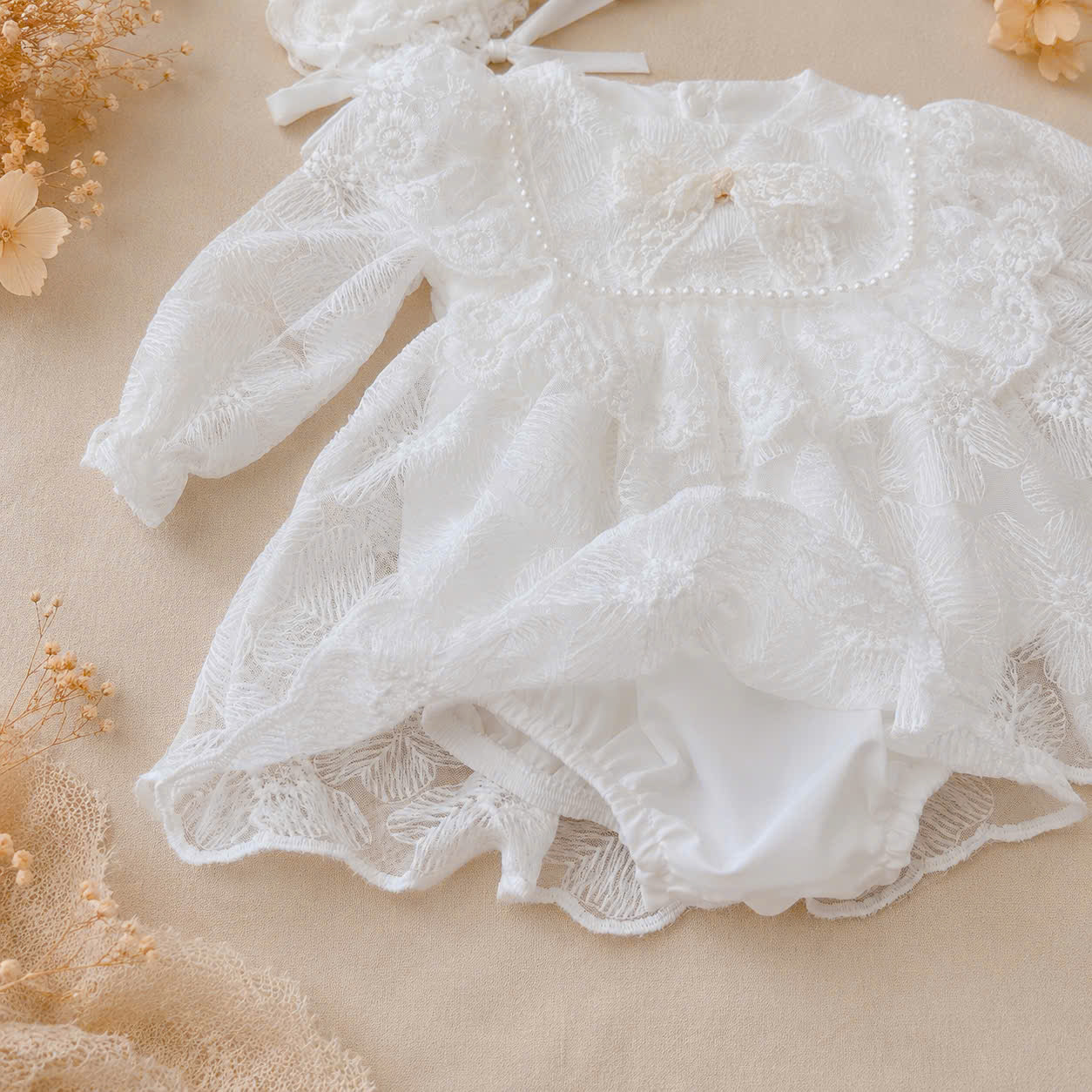 Dream Lace Romper NB–12M | Vintage Lace Baby Romper with Bonnet | Party & Photoshoot Outfit