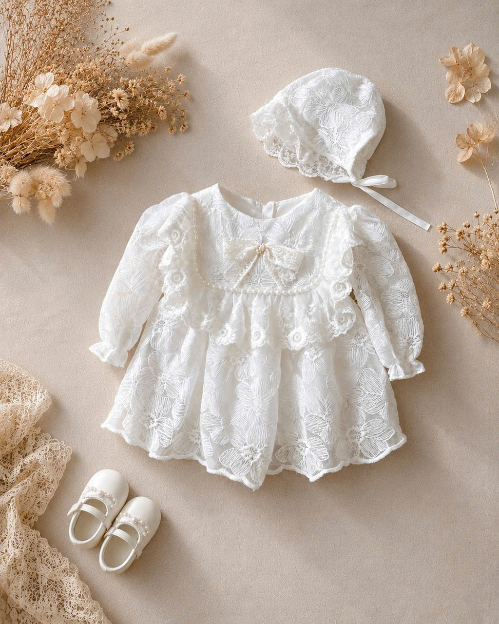 Dream Lace Romper NB–12M | Vintage Lace Baby Romper with Bonnet | Party & Photoshoot Outfit