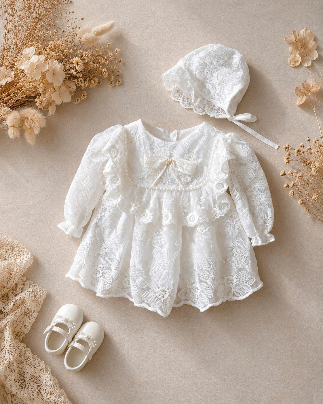 Dream Lace Romper NB–12M | Vintage Lace Baby Romper with Bonnet | Party & Photoshoot Outfit