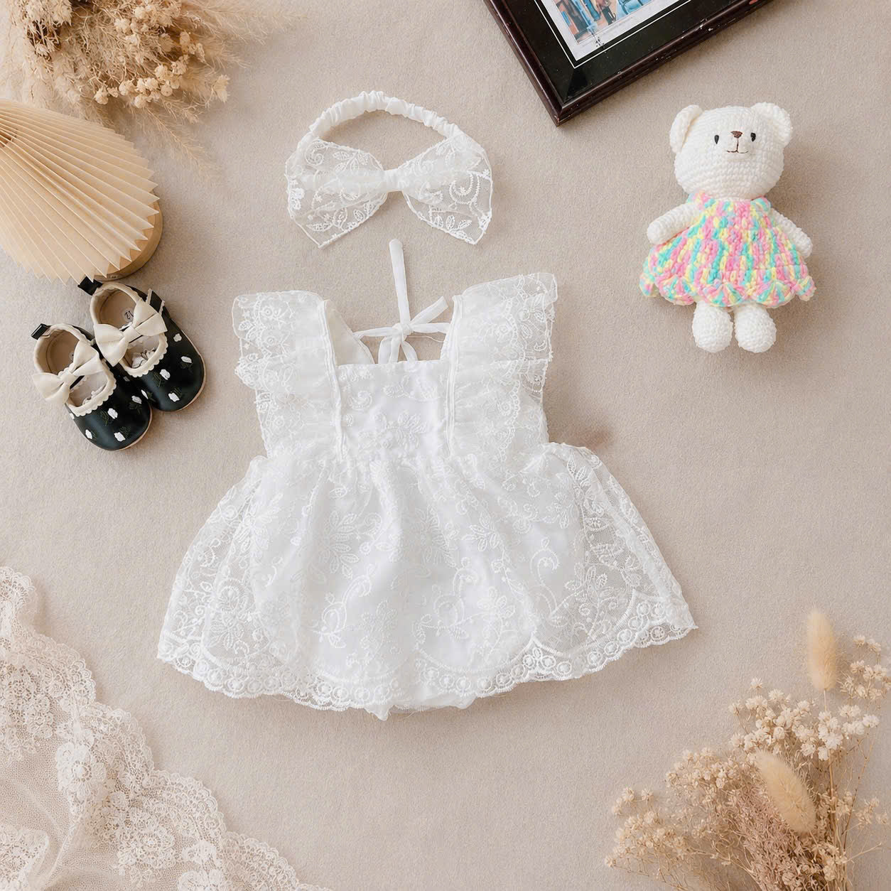 Fairy Lace Romper Dress NB–12M | White Lace Baby Outfit | Christening & Special Occasion Wear