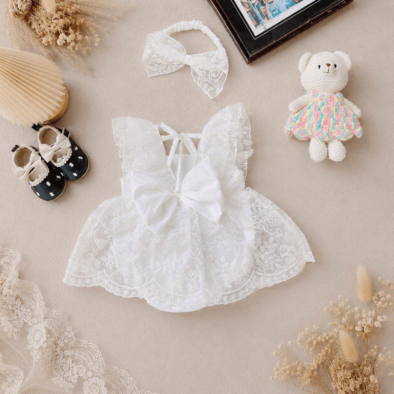 Fairy Lace Romper Dress NB–12M | White Lace Baby Outfit | Christening & Special Occasion Wear
