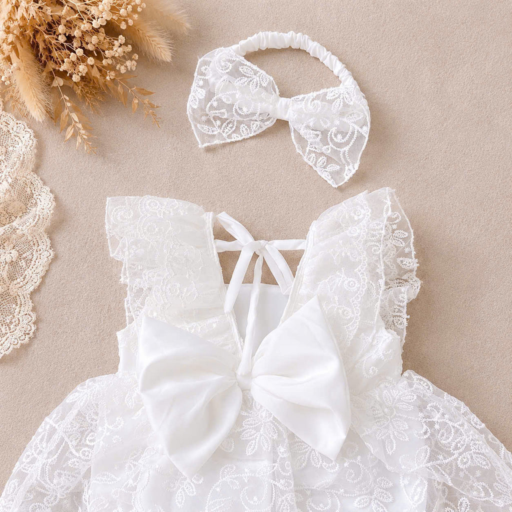 Fairy Lace Romper Dress NB–12M | White Lace Baby Outfit | Christening & Special Occasion Wear