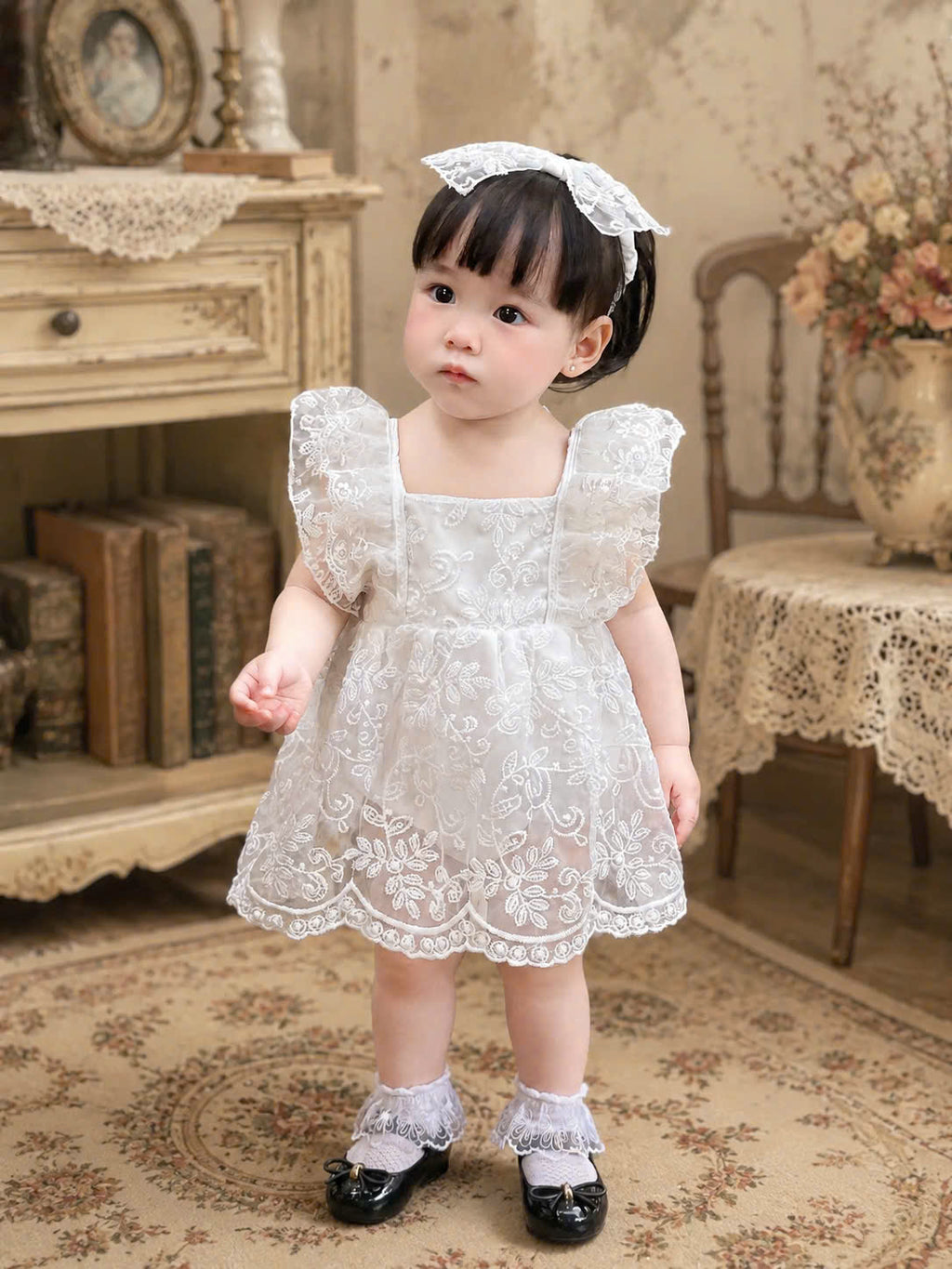Fairy Lace Romper Dress NB–12M | White Lace Baby Outfit | Christening & Special Occasion Wear