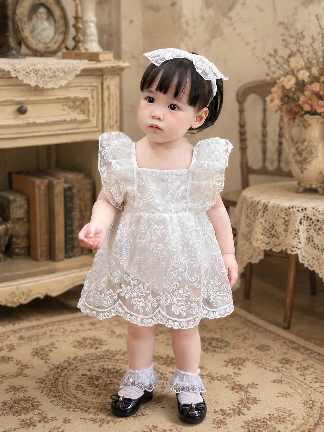 Fairy Lace Romper Dress NB–12M | White Lace Baby Outfit | Christening & Special Occasion Wear