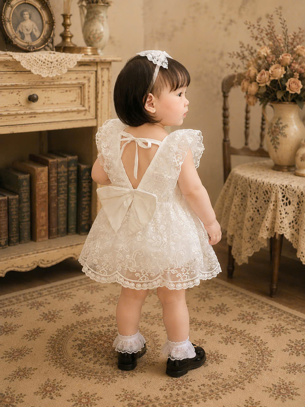 Fairy Lace Romper Dress NB–12M | White Lace Baby Outfit | Christening & Special Occasion Wear
