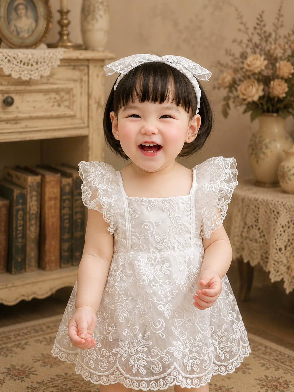 Fairy Lace Romper Dress NB–12M | White Lace Baby Outfit | Christening & Special Occasion Wear