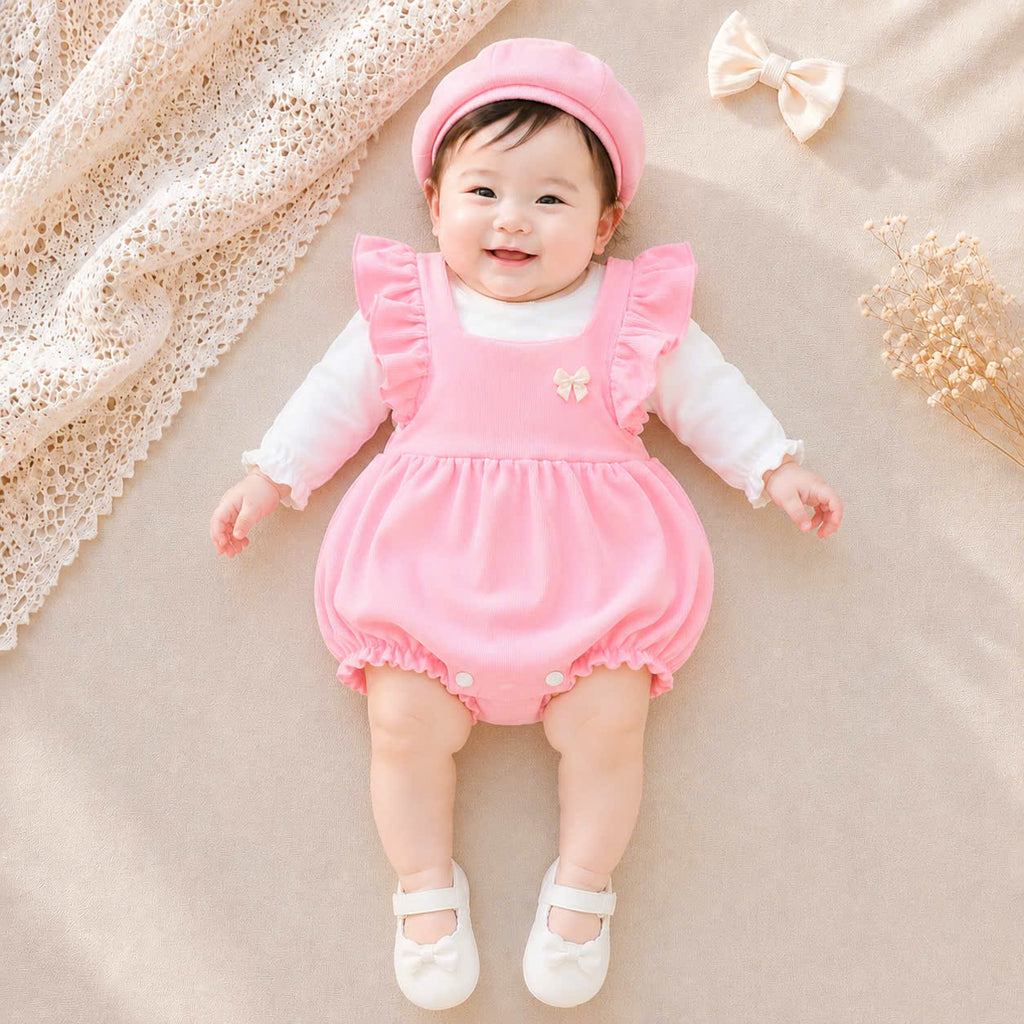 🎀 Rose Petal Romper Set NB-12M | Baby Romper, Top & Bonnet Outfit | Autumn & Winter Style