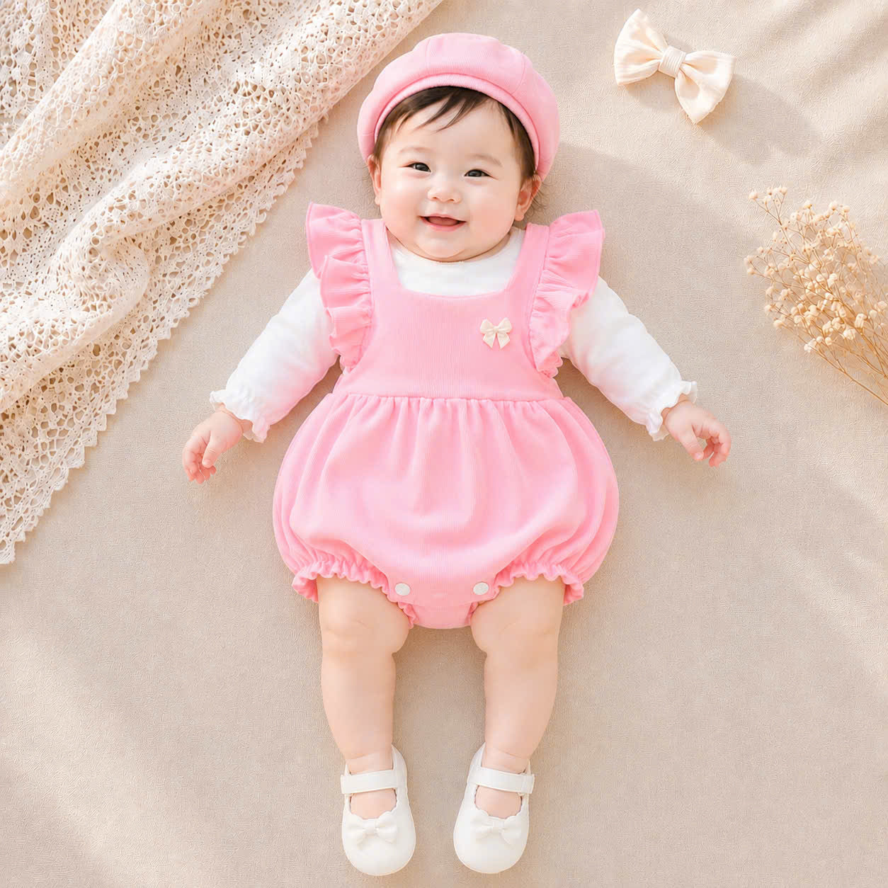 🎀 Rose Petal Romper Set NB-12M | Baby Romper, Top & Bonnet Outfit | Autumn & Winter Style