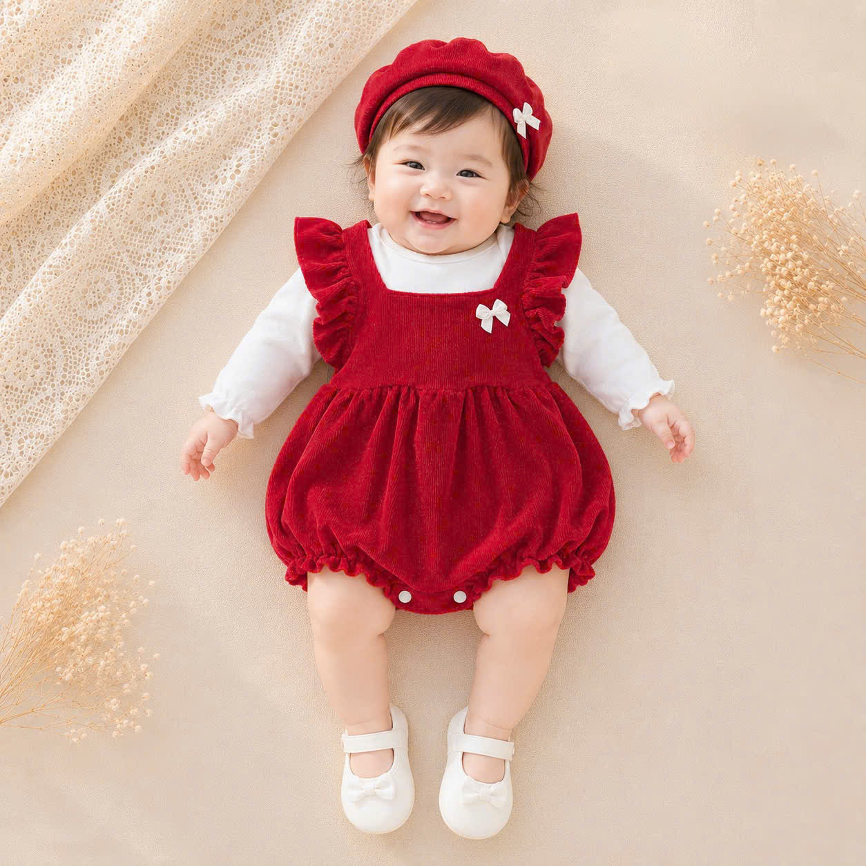 🎀 Rose Petal Romper Set NB-12M | Baby Romper, Top & Bonnet Outfit | Autumn & Winter Style
