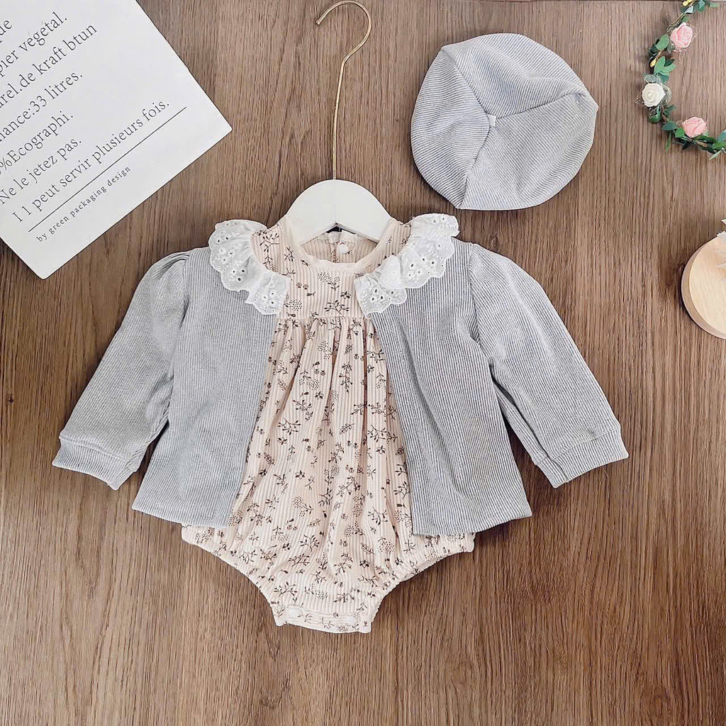 Sage Blossom Romper Set NB–12M | Floral Baby Romper, Cardigan & Beret | Autumn & Winter Outfit