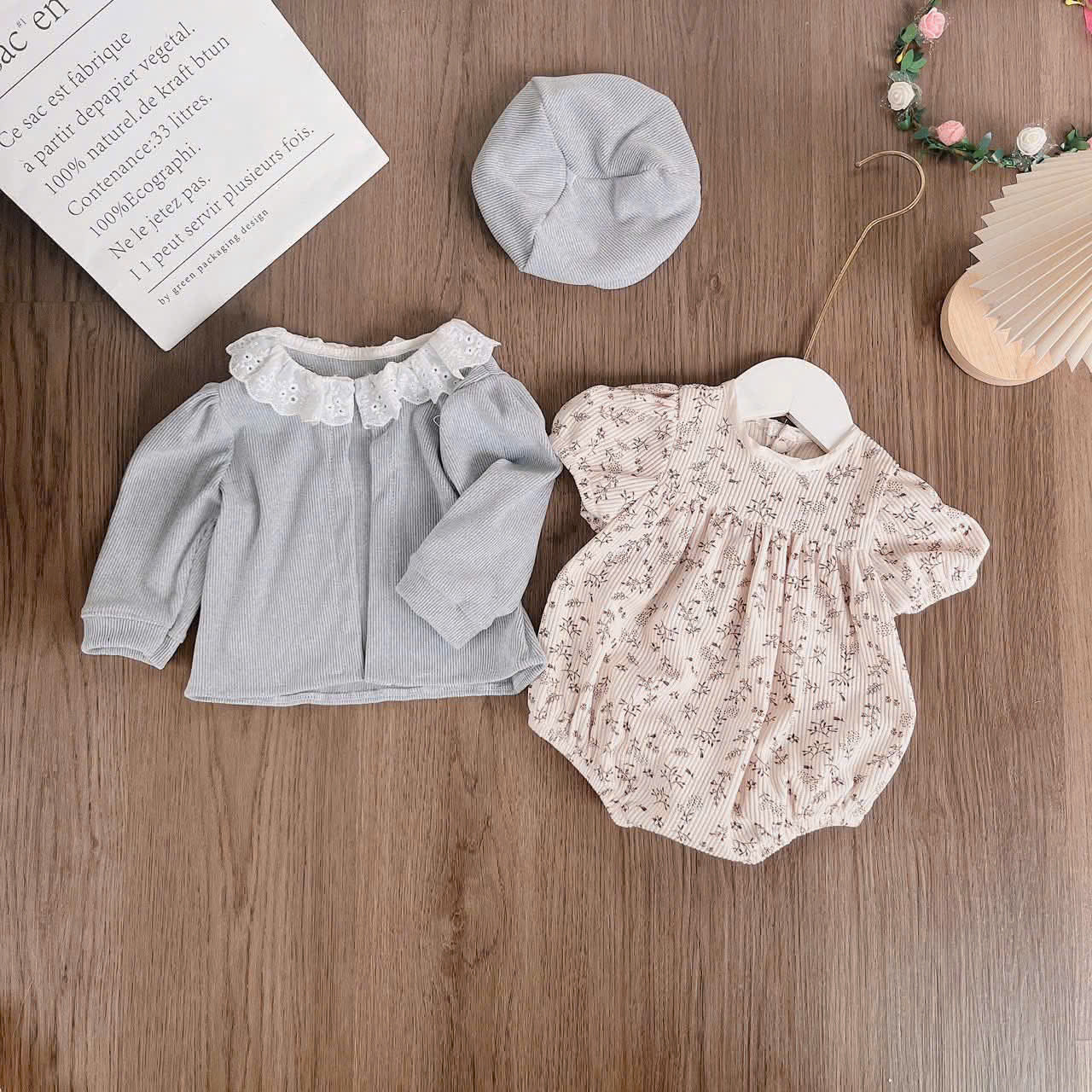 Sage Blossom Romper Set NB–12M | Floral Baby Romper, Cardigan & Beret | Autumn & Winter Outfit