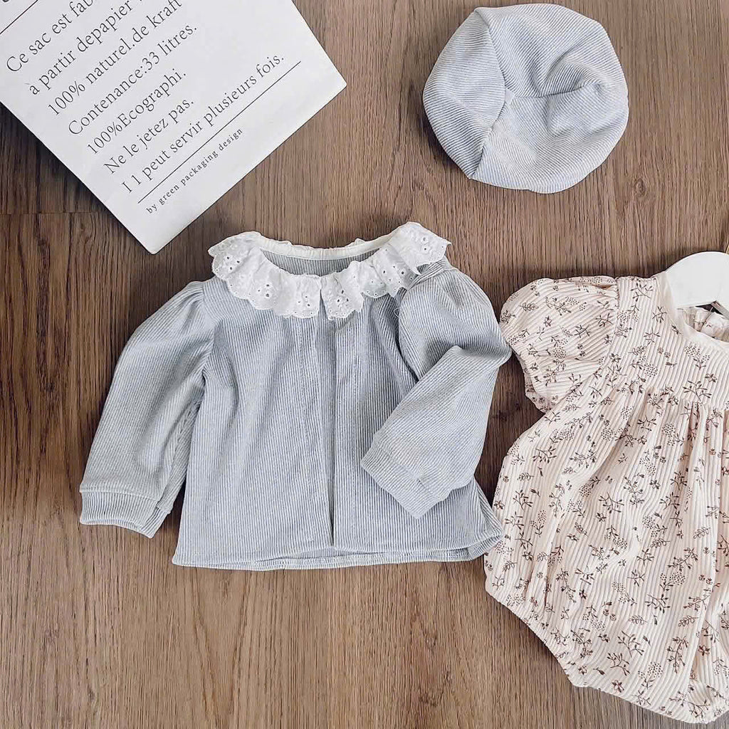 Sage Blossom Romper Set NB–12M | Floral Baby Romper, Cardigan & Beret | Autumn & Winter Outfit