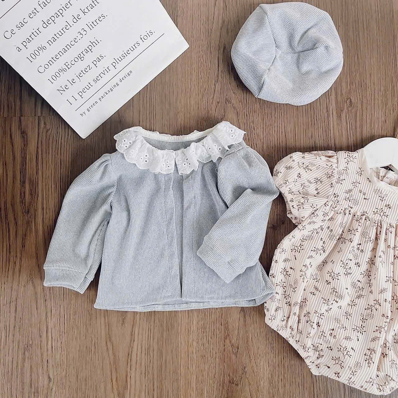 Sage Blossom Romper Set NB–12M | Floral Baby Romper, Cardigan & Beret | Autumn & Winter Outfit