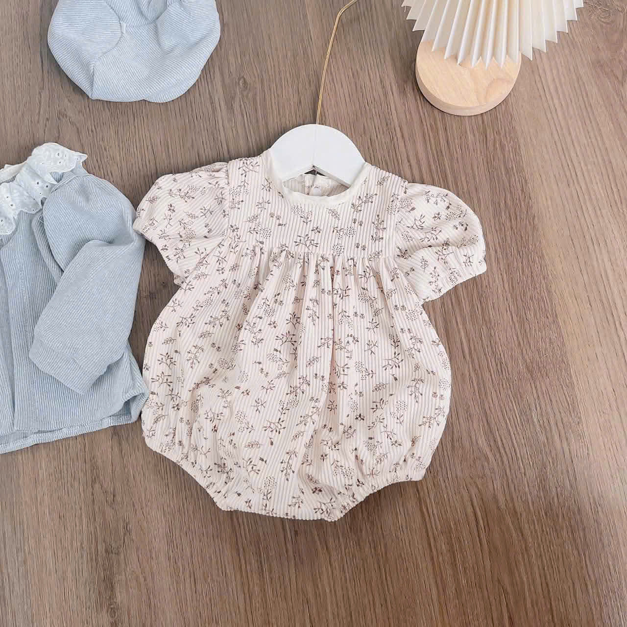 Sage Blossom Romper Set NB–12M | Floral Baby Romper, Cardigan & Beret | Autumn & Winter Outfit