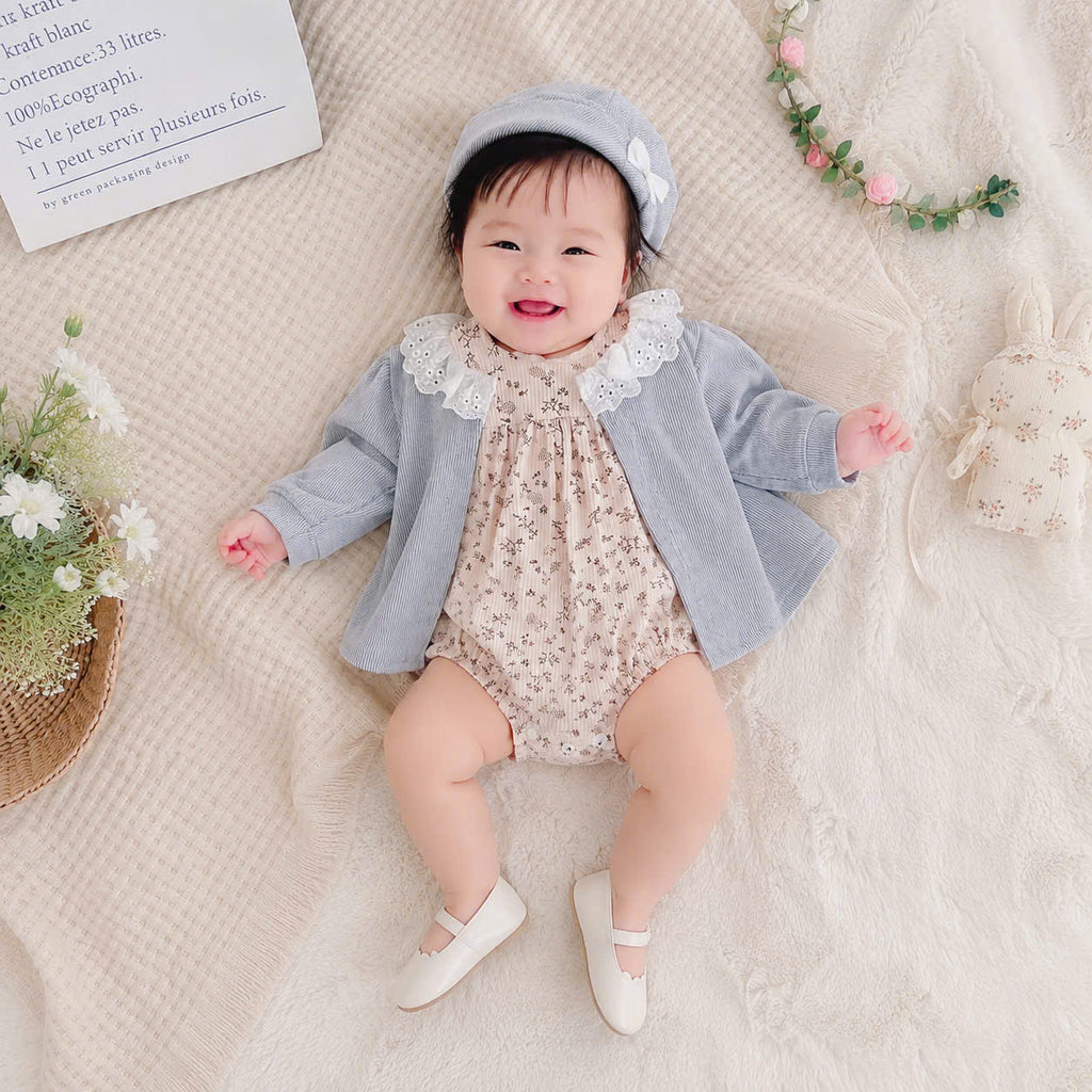 Sage Blossom Romper Set NB–12M | Floral Baby Romper, Cardigan & Beret | Autumn & Winter Outfit