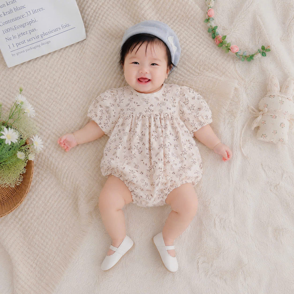 Sage Blossom Romper Set NB–12M | Floral Baby Romper, Cardigan & Beret | Autumn & Winter Outfit