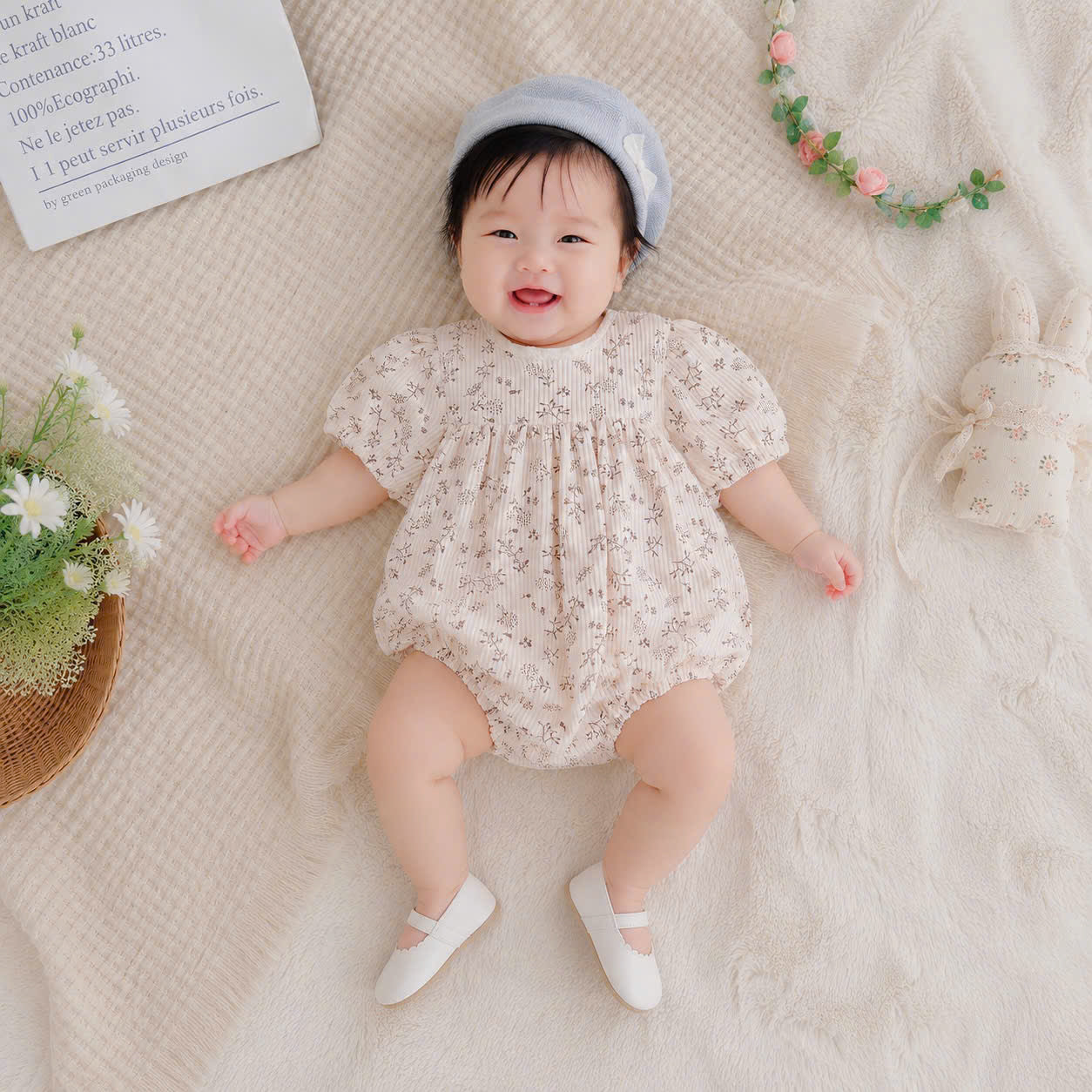 Sage Blossom Romper Set NB–12M | Floral Baby Romper, Cardigan & Beret | Autumn & Winter Outfit