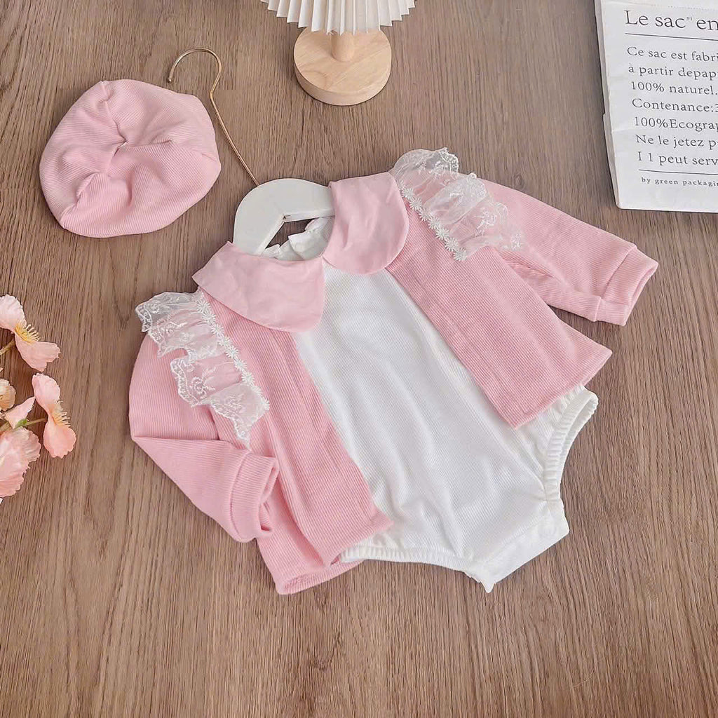 Pink Blossom Romper Set NB–12M | Baby Romper, Cardigan & Bonnet Set | Autumn & Winter Outfit