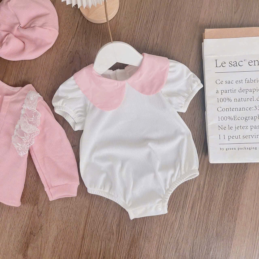 Pink Blossom Romper Set NB–12M | Baby Romper, Cardigan & Bonnet Set | Autumn & Winter Outfit