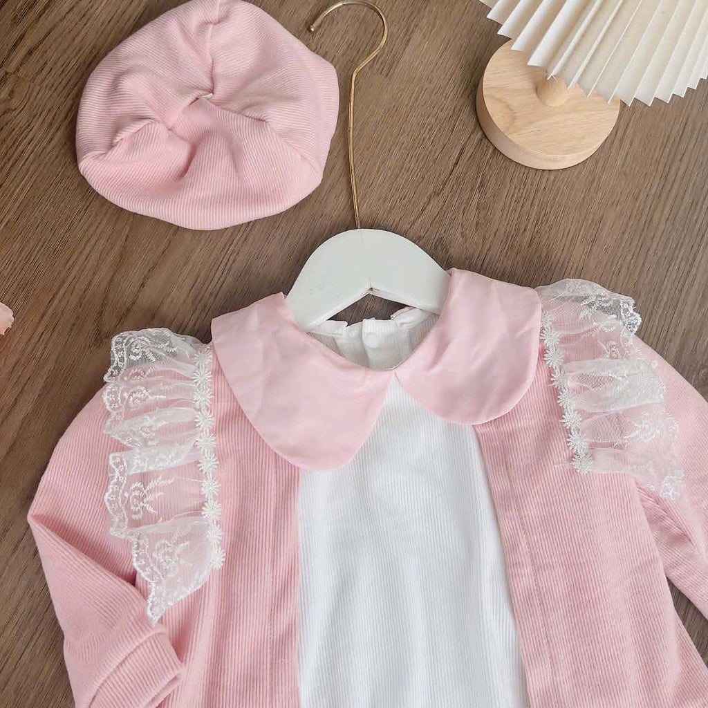 Pink Blossom Romper Set NB–12M | Baby Romper, Cardigan & Bonnet Set | Autumn & Winter Outfit